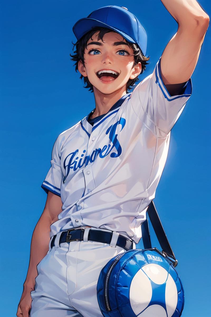 05965-3170404928-((upper body, a man, dynamic sporty pose of happy and laughing)) ((Pure blue background_1.2)),A jubilant young man,greets with a.png